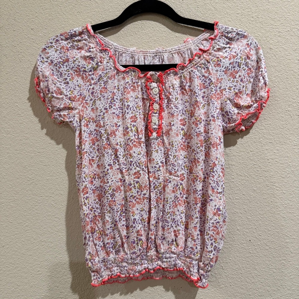 Charles Voegele Blouse Women XS Pink Excellent Smocked Floral Peasant Top